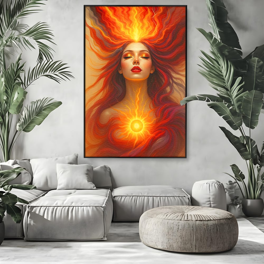 Tablou canvas cu tablou canvas cu zeita focului, in rama de aluminiu negru, pe perete intr-un living